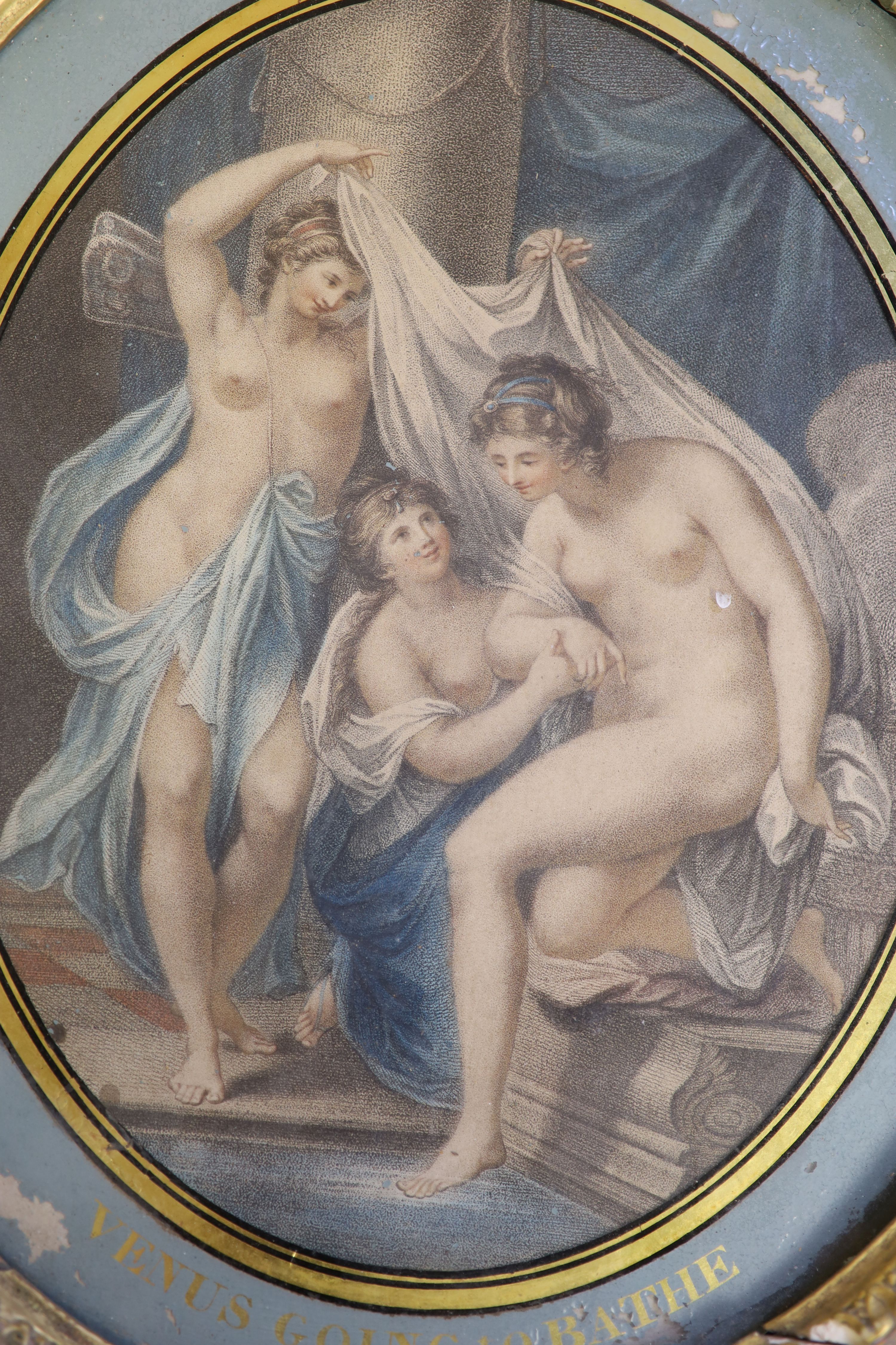 After Cipriani, pair of eglomise framed engravings, Venus and her Bath, another oval framed engraving and two pairs of rectangular engravings